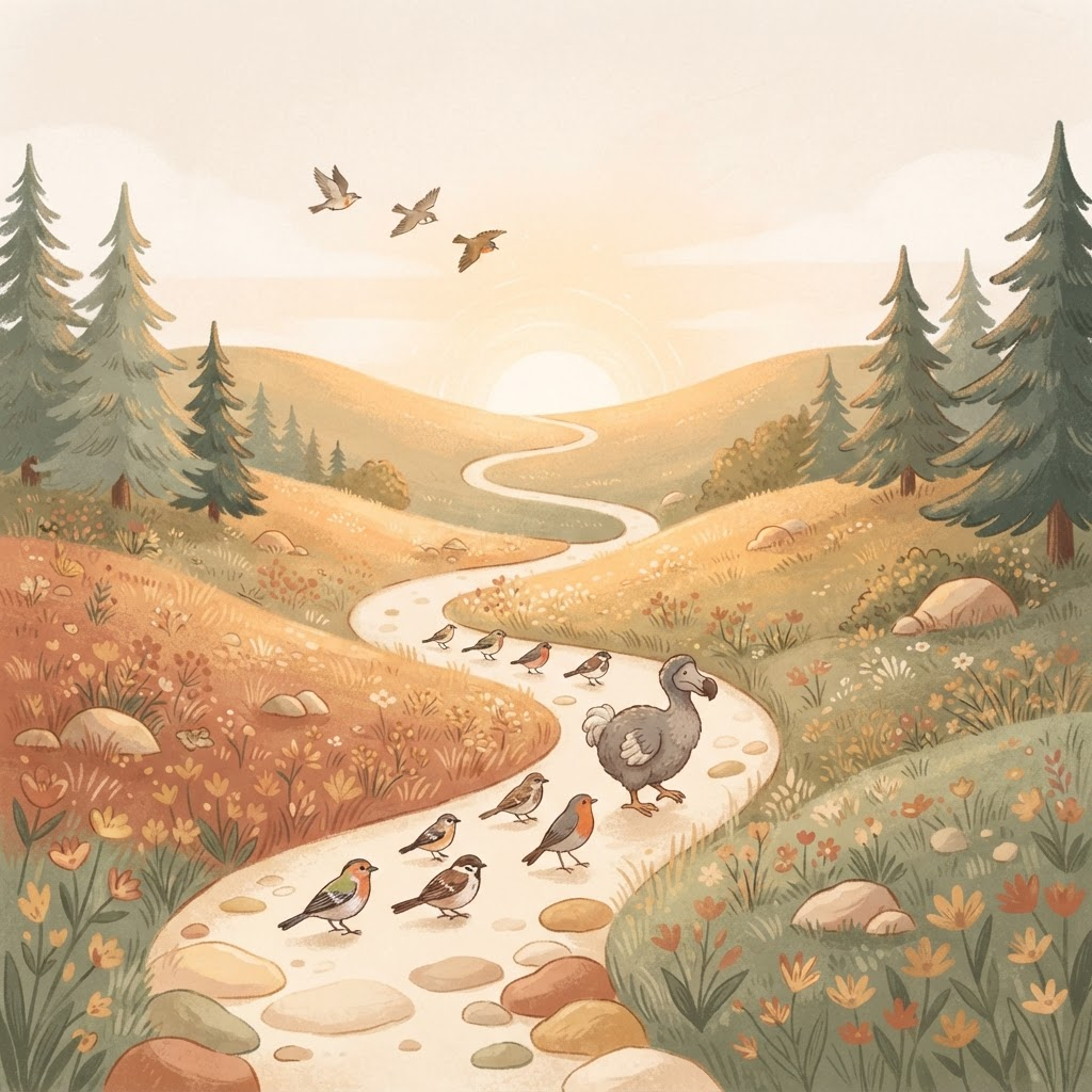 A hand-drawn illustration of a dodo walking alongside a flock of different birds along a winding path through rolling hills toward a sunrise