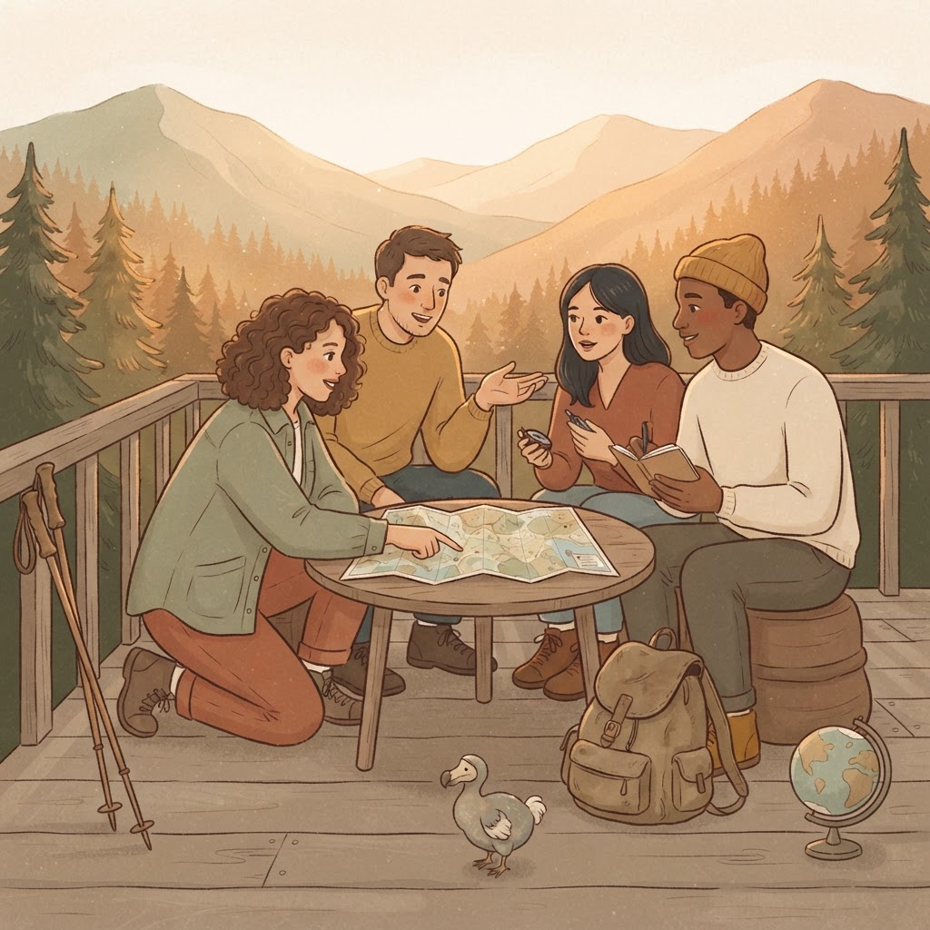 A hand-drawn illustration of a diverse group of travellers helping one another over an open map, taking notes and sharing tips at golden hour, with backpacks, a globe and a small dodo nearby