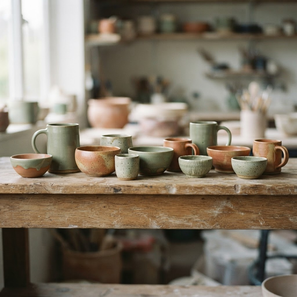 Handmade ceramic bowls and mugs on a wooden shelf.