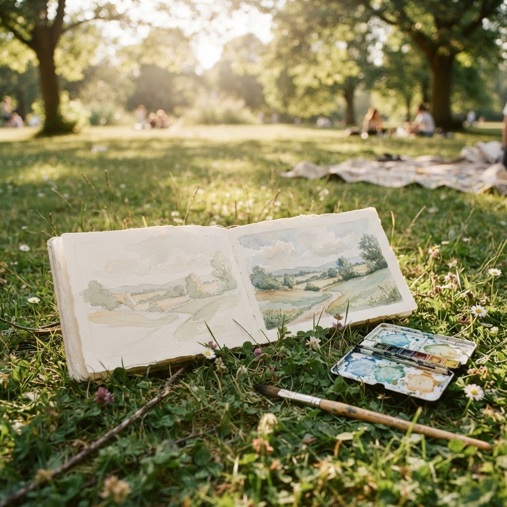 An open watercolour sketchbook on grass in a park.