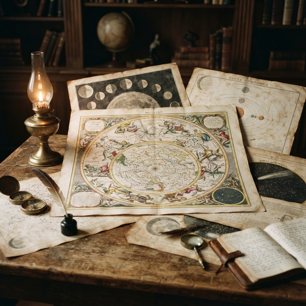 Antique celestial star maps on a wooden library table.