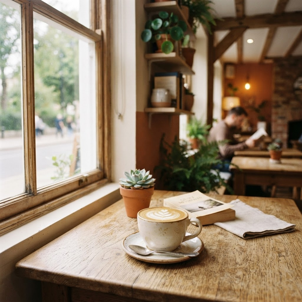 A latte on a wooden table by a sunny café window.