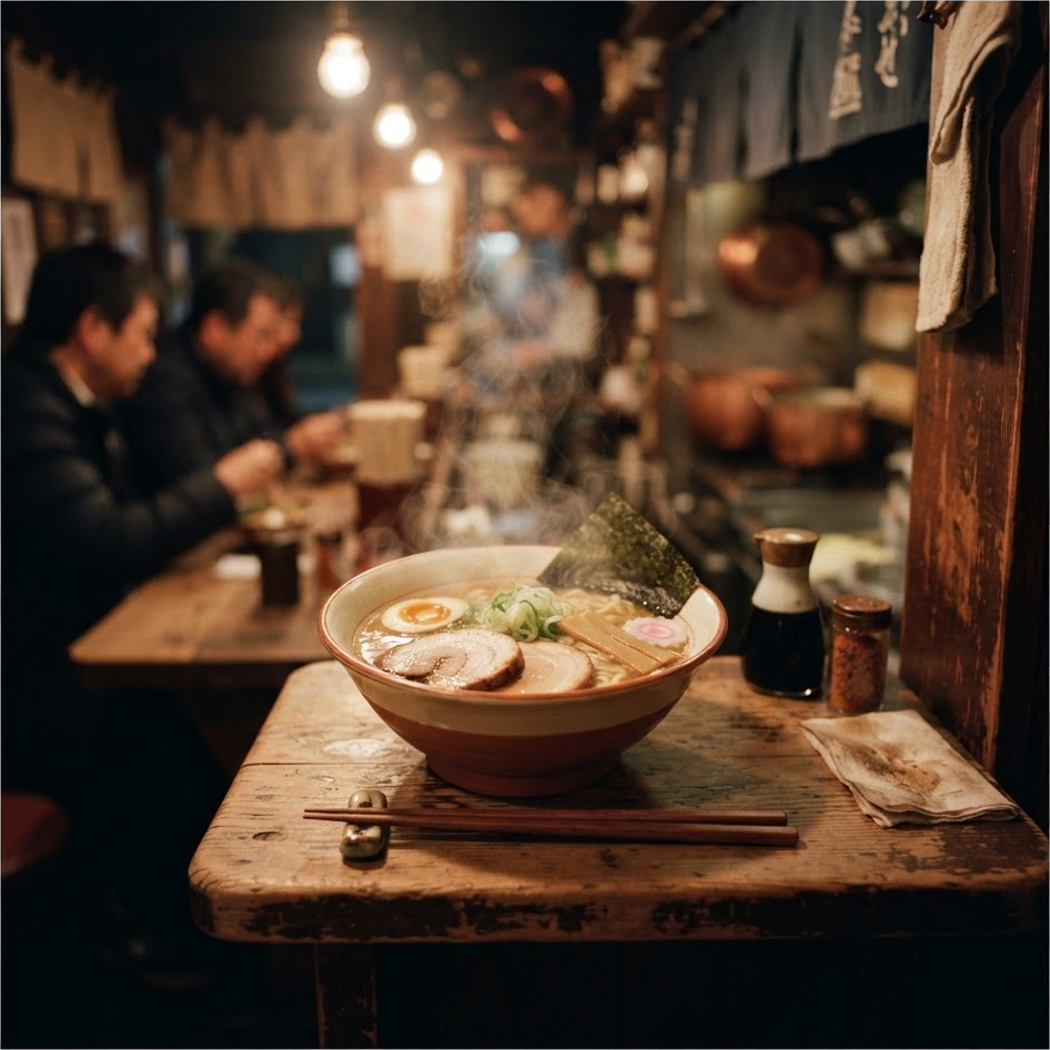 A steaming bowl of ramen at a small noodle shop.