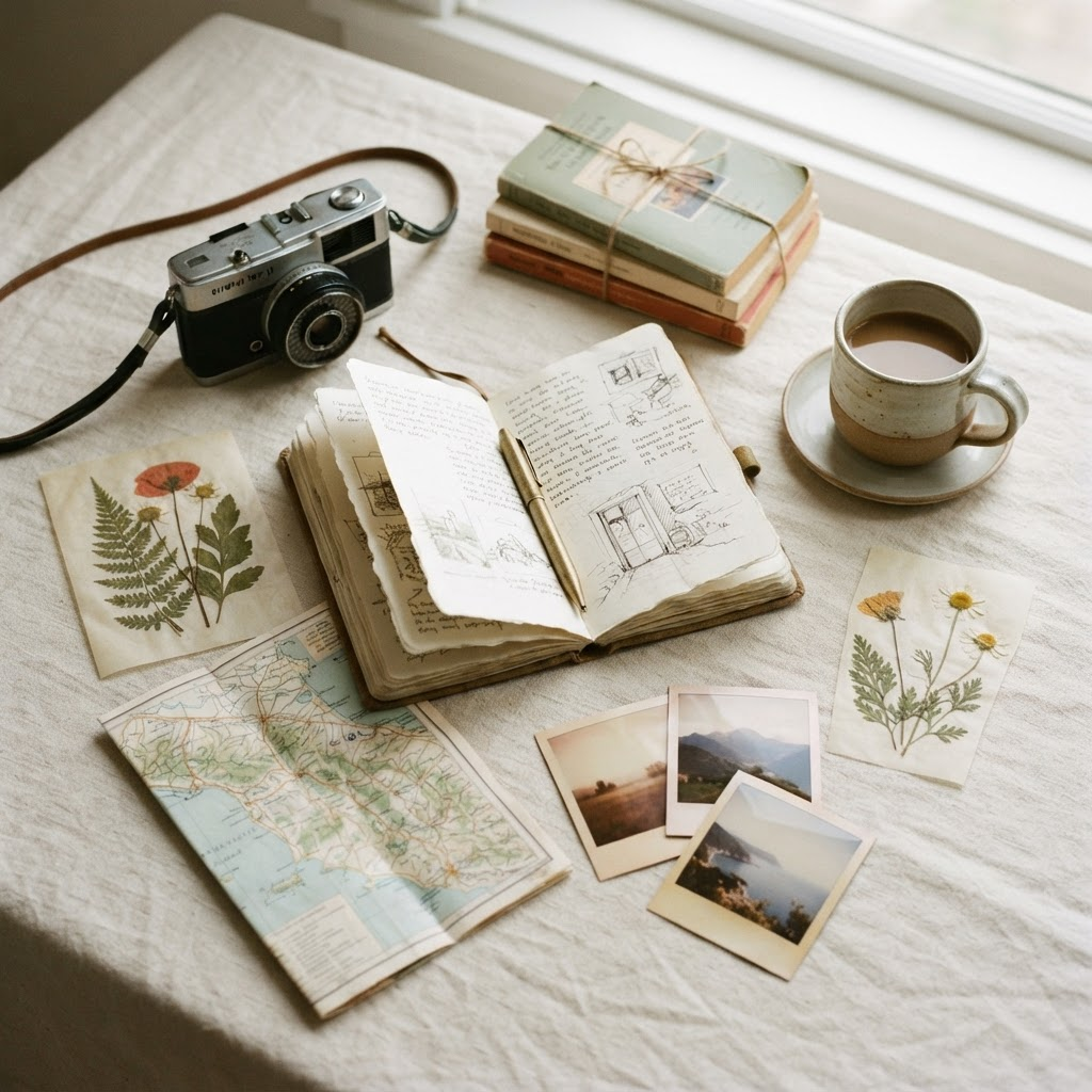 A warm flat-lay of a journal, film camera, pressed flowers, a map and instant photos on cream linen.
