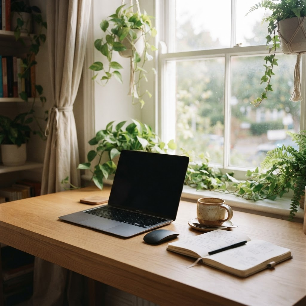 A laptop and coffee by a window with plants.