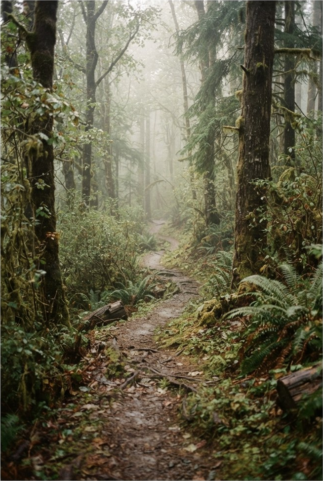 A misty forest trail in soft morning light.
