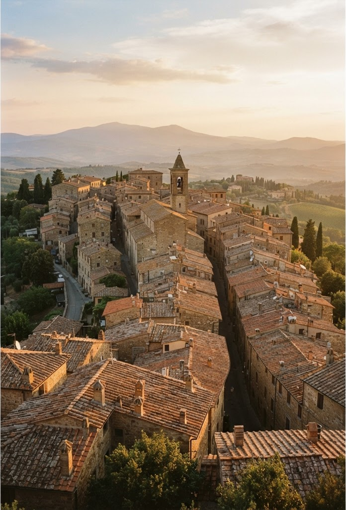Golden hour light over warm terracotta rooftops of an old town.