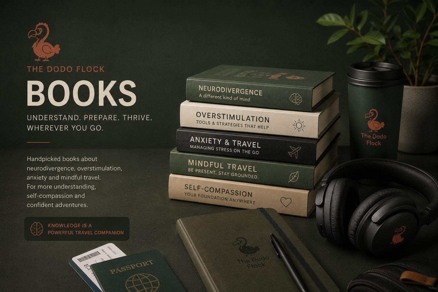 A curated stack of books on neurodivergence, mindfulness and travel