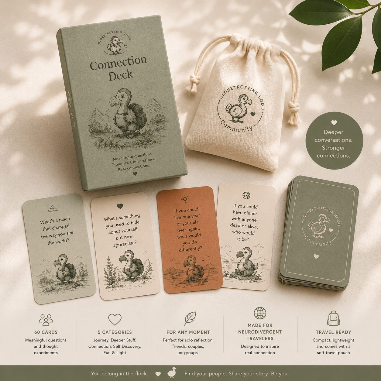 The Connection Deck card box, travel pouch and sample question cards laid out in soft light