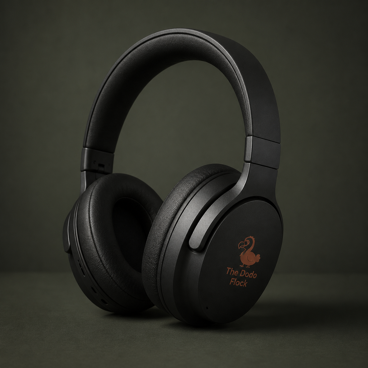 Matte black noise-cancelling headphones with the Dodo Flock logo in terracotta