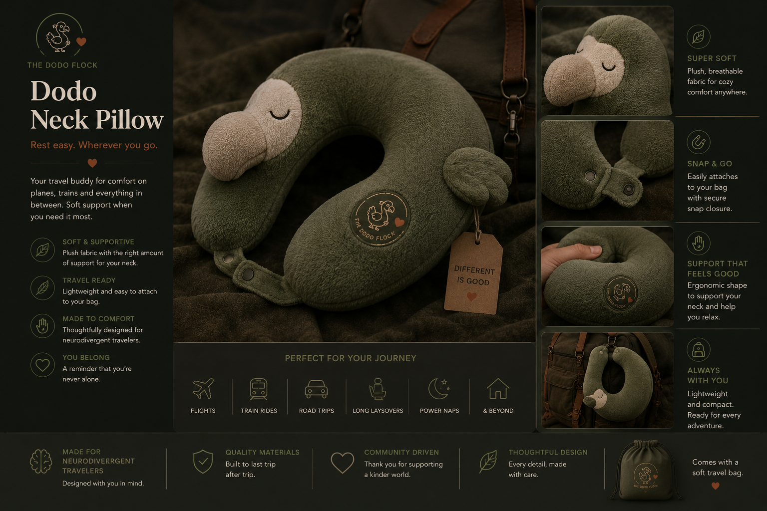 The Dodo neck pillow offering comfortable support for long travel days