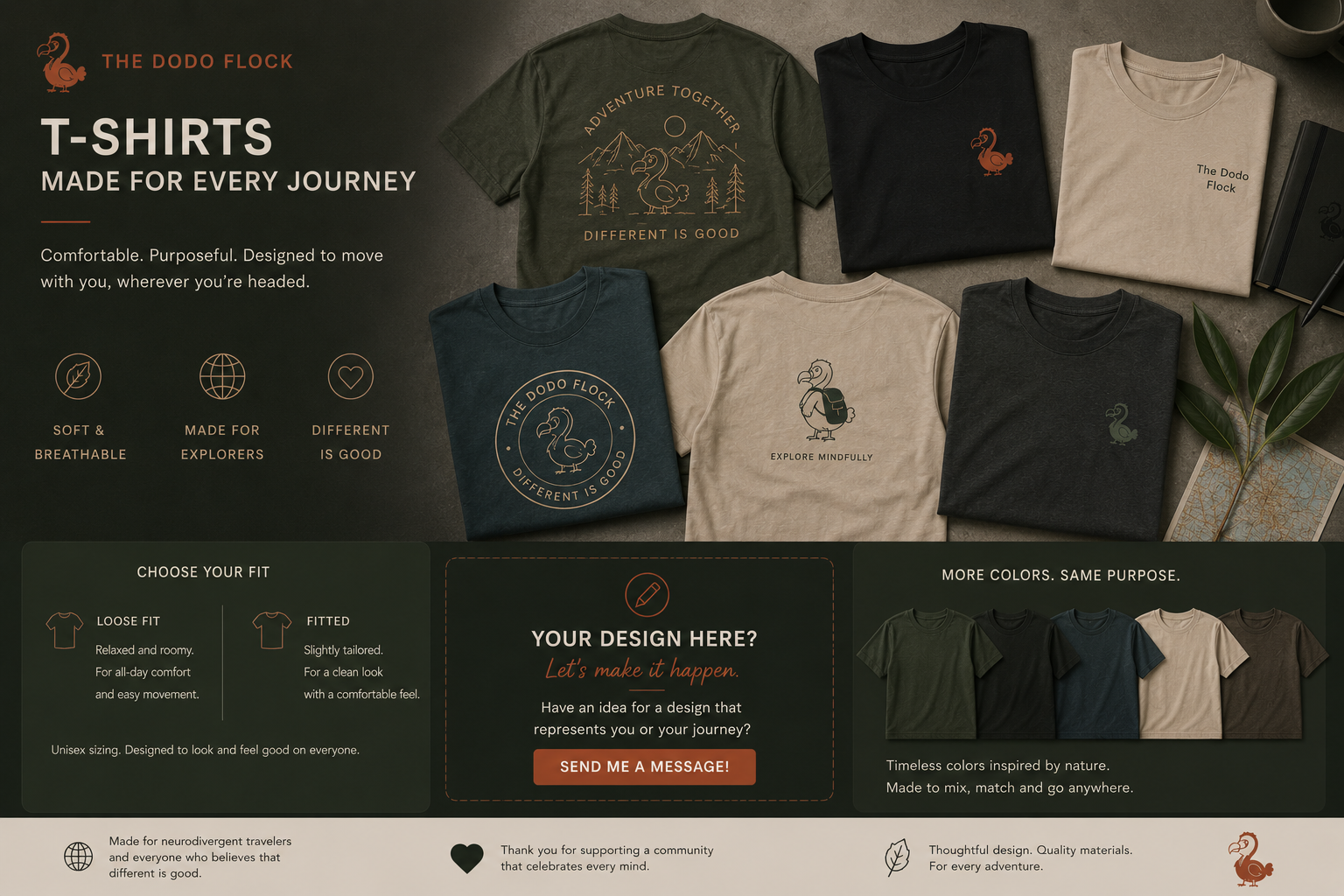 Soft Dodo t-shirts celebrating curiosity, community and adventure