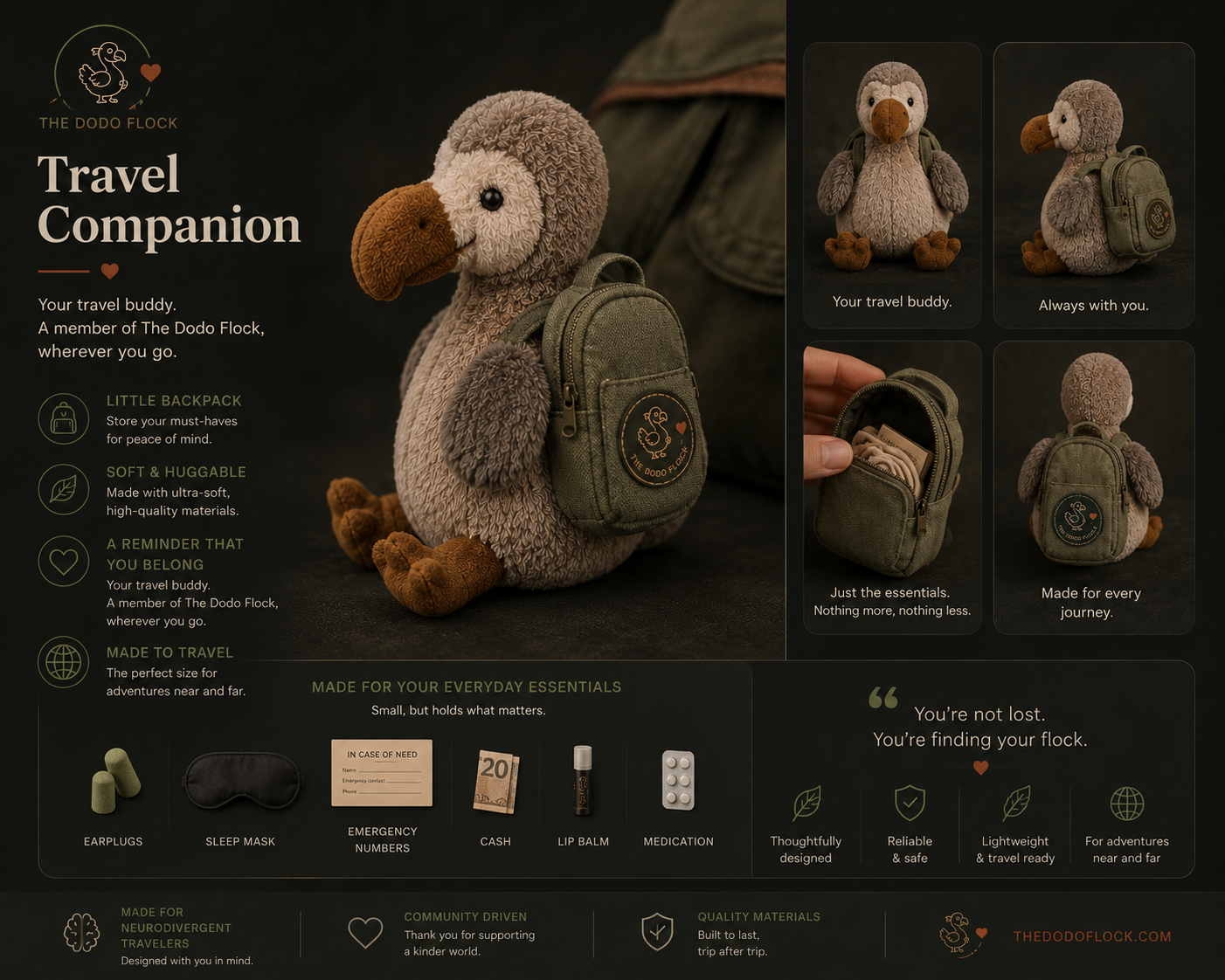 A soft plush dodo travel companion with a tiny backpack for everyday essentials