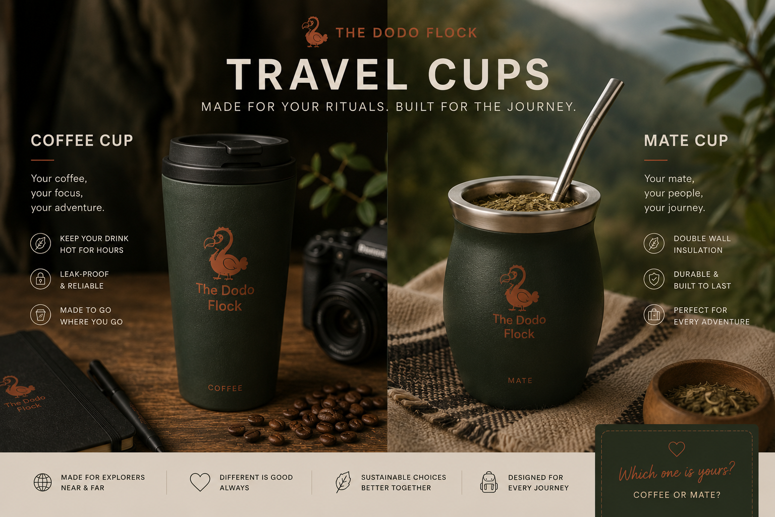 Reusable coffee and mate travel cups for rituals on the road