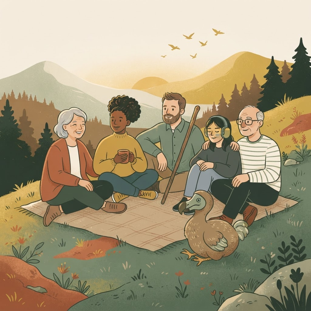 A soft illustration of a diverse group of travellers sitting together on a hillside in nature at golden hour, with a friendly dodo among them