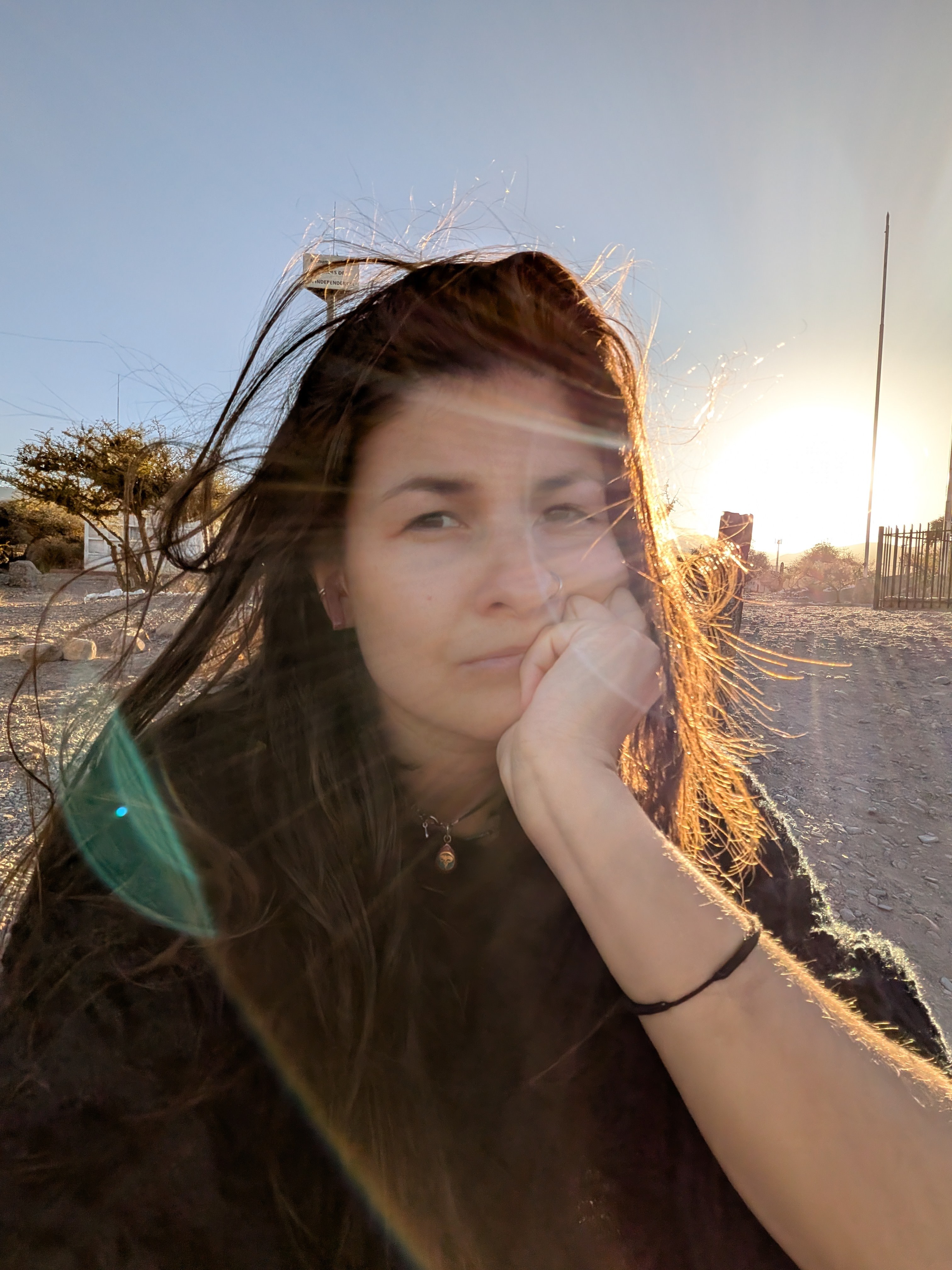 A close golden-hour selfie of Dorien with the wind blowing her hair across her face, resting her chin on her hand with a tired, overwhelmed expression.